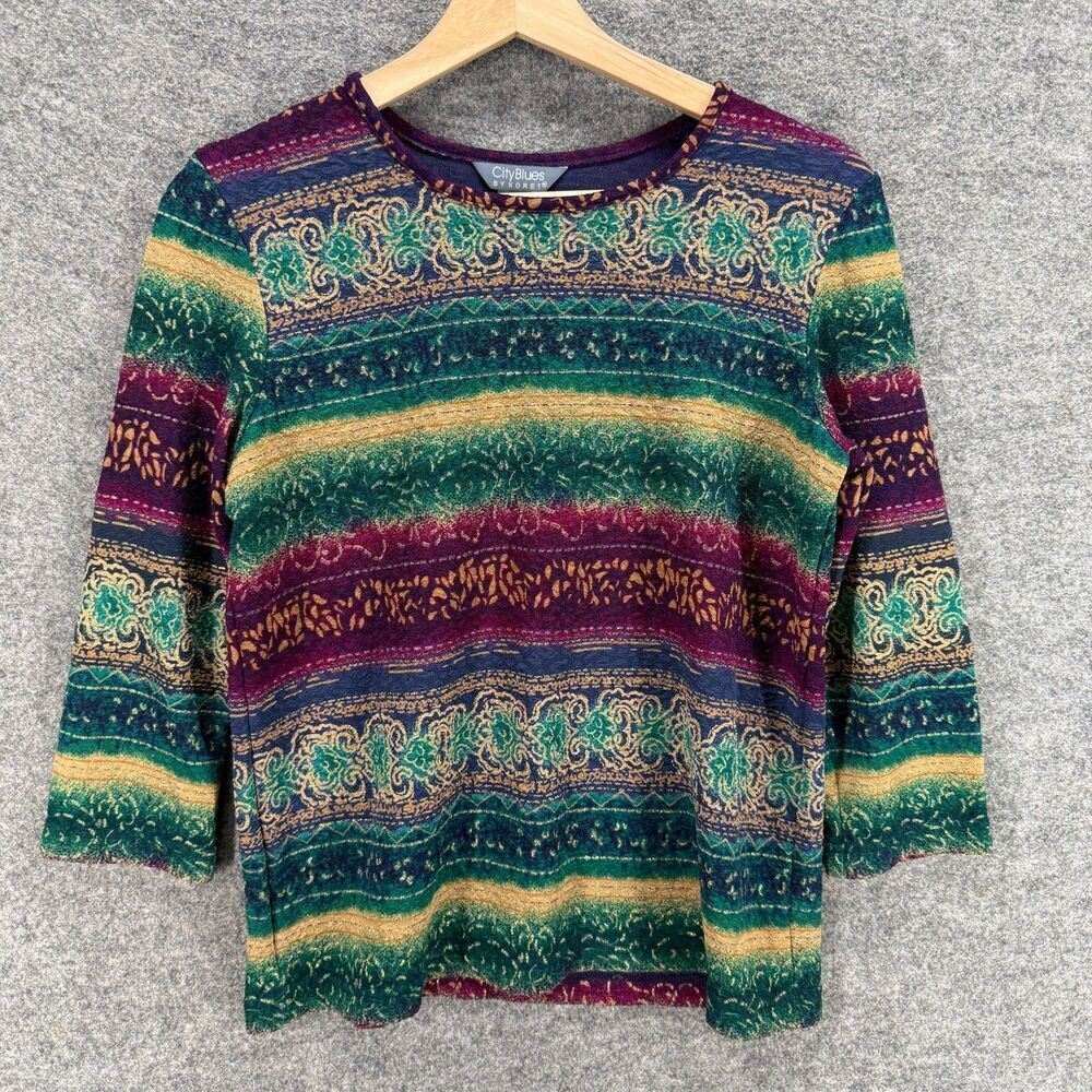 City Blues T-Shirt Women S Small Green Striped 3/4 Sleeve Round Neck Casual